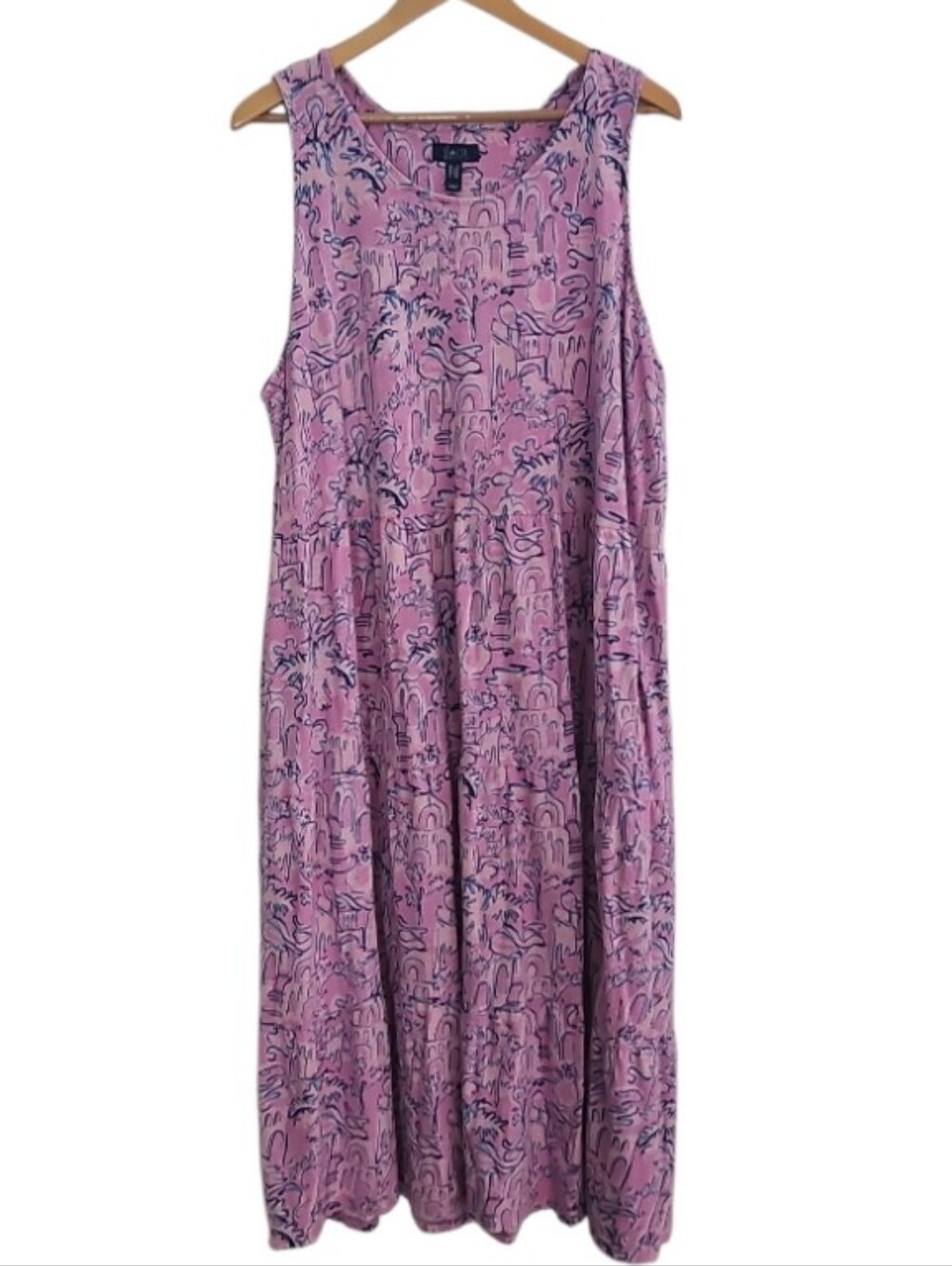 d&co Reach 53% Cotton Linen Blend Maxi Dress 2X Pink Abstract Artsy Boho
